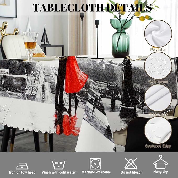 Swono Paris Table Covers 52x70 Inch France Eiffel Tower Couple Umbrella Wipeable Tablecloth Kitchen Dinning Tabletop Decoration, Red Grey Table Cloth for Outdoor and Indoor Use