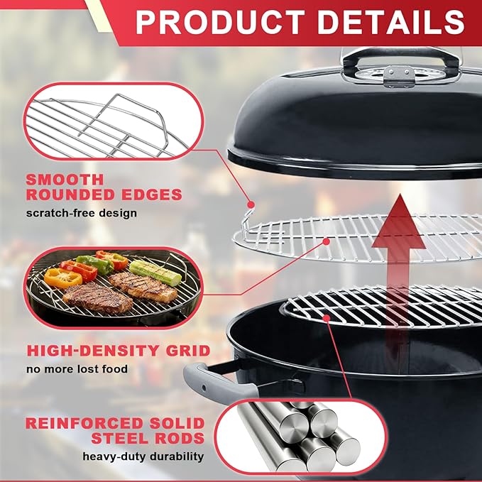 17.5" Charcoal Cooking Grate for Weber 18.5" Smokey Mountain Bar-B-Kettle, One-Touch, Cooker Smoker, Jumbo Joe, Original Kettle Grill, Stainless Steel Round Grate Kit Accessories for Weber 7432 7440
