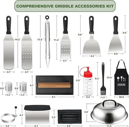20PCS Griddle Accessories Kit, Flat Top Grill Accessories Set for Blackstone and Camp Chef, Grill Spatula Set with Enlarged Spatulas, Basting Cover, lron Smash Burger Press for Outdoor Barbecue