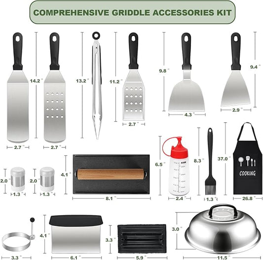 20PCS Griddle Accessories Kit, Flat Top Grill Accessories Set for Blackstone and Camp Chef, Grill Spatula Set with Enlarged Spatulas, Basting Cover, lron Smash Burger Press for Outdoor Barbecue