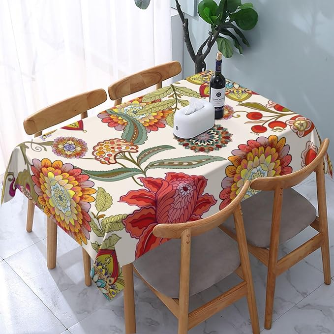 Rectangle 54"x72" Boho Floral Tablecloth Flower Colorful Decorative | Washable Table Cloth for Kitchen Dining Parties Picnic Birthday Spring Summer Farmhouse Home Decor