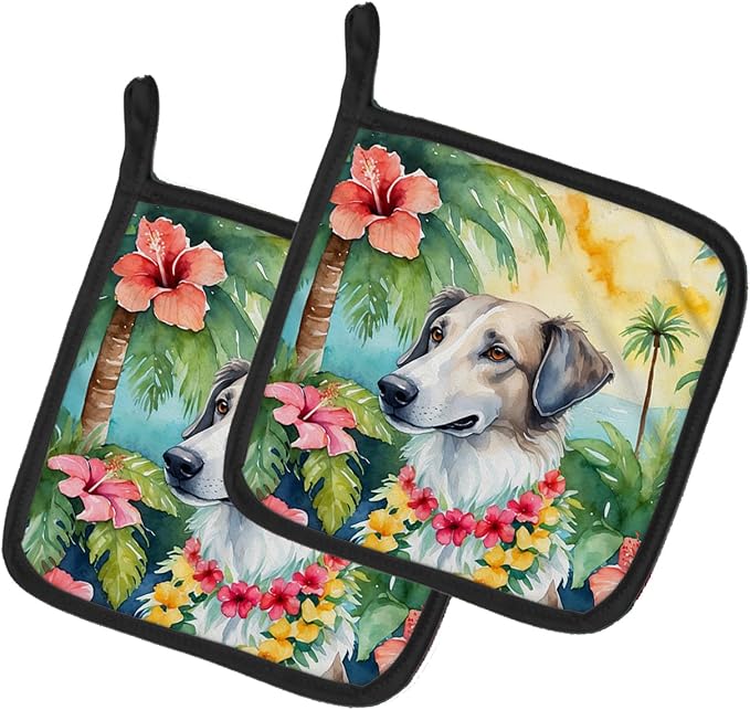 Caroline's Treasures Borzoi Luau Pair of Pot Holders Kitchen Heat Resistant Pot Holders Sets Oven Hot Pads for Cooking Baking BBQ, 7 1/2 x 7 1/2