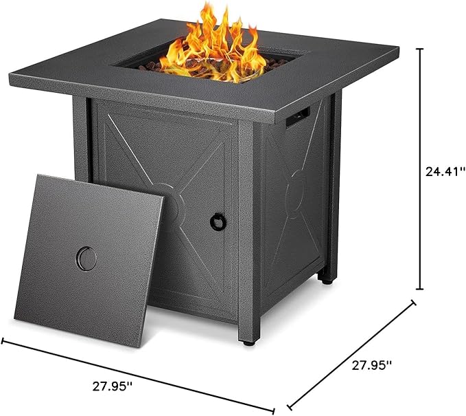 Xbeauty Propane Fire Pit Table, 28" Outdoor Gas Fire Pit Table, 40,000 BTU Auto-Ignition Fire Tables with Lid, Rain Cover and 3 Pounds Lava Stones for Outside Garden Backyard Deck Patio (Square)