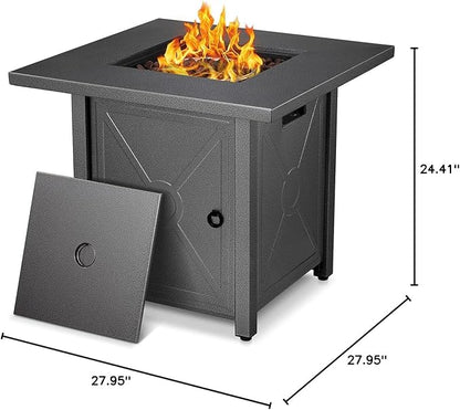 Xbeauty Propane Fire Pit Table, 28" Outdoor Gas Fire Pit Table, 40,000 BTU Auto-Ignition Fire Tables with Lid, Rain Cover and 3 Pounds Lava Stones for Outside Garden Backyard Deck Patio (Square)