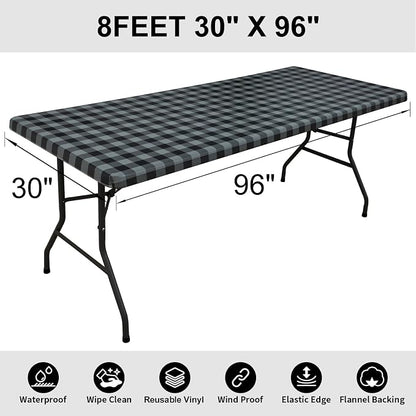 Smiry Rectangle Picnic Table Cloth, Elastic Waterproof Fitted Vinyl Tablecloths, Flannel Backed Buffalo Plaid Table Covers for Dining, Camping, Outdoor (Black and Grey, 30" x 96")