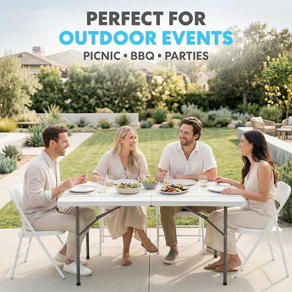 SIMPLI-MAGIC 4ft Plastic Folding Table, Indoor Outdoor Heavy Duty Portable/Handle, Lock for Picnic, Party, Camping - White