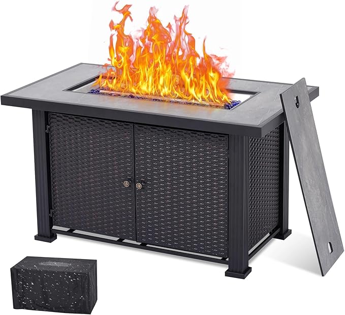 44" Propane Fire Pit Table, 50000BTU Rectangle Fire Table with Cover & Rain Cover, Sturdy Steel and Iron Fence Surface, CSA Safety Certified, Companion for Your Garden