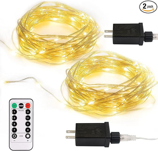 2 Pack Fairy String Lights Plug in, 33Ft 100 Micro Starry LED Twinkle Fairy Lights IP68 Full Waterproof with Remote for Bedroom Garden Christmas Decor (Warm White)