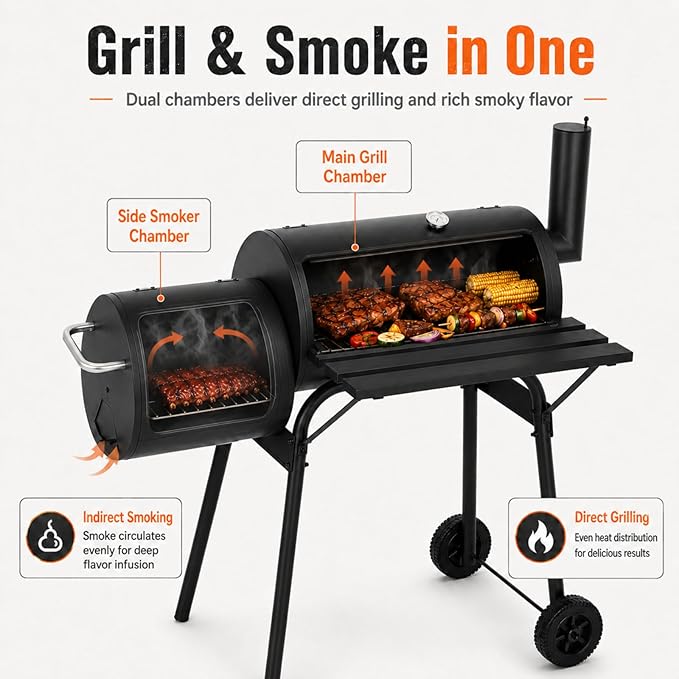 Outdoor Charcoal Grill & Smoker Combo - Dual Chamber, Heavy-Duty Steel, Black - Ideal for BBQ, Backyard Cooking, Camping - Portable Grill with Enhanced Thermometer, Easy Mobility，camping grill