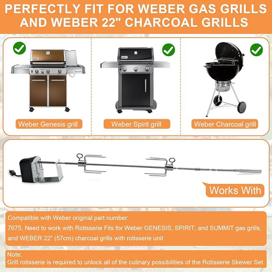 Grill Rotisserie Accessories for Weber Crafted Rotisserie Skewers, Shish Kebab Skewer Set w/Carry Bag for Weber Genesis,Spirit,Summit Gas Grill, 7675 Rotisserie Skewer for Most Grills,Stainless Steel