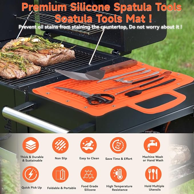 LIONROGE Large Silicone Grill Mat, Foldable Silicone Griddle Tools Spatula Mat with Drip Pad & Handle & Snap Buttons, Portable BBQ Side Shelf Mats Grill Pad for Blackstone Griddles Accessories,Orange