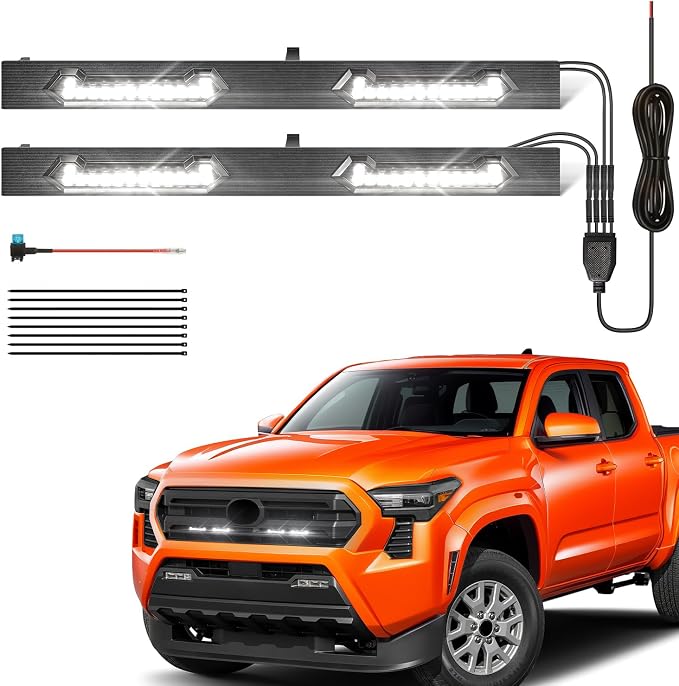LED Grill Lights - 4PCS Front Grill Lights for Toyota Tacoma SR SR5 2024 2025 2026 with Fuse Adapter & Harness (White Light with Smoked Shell)