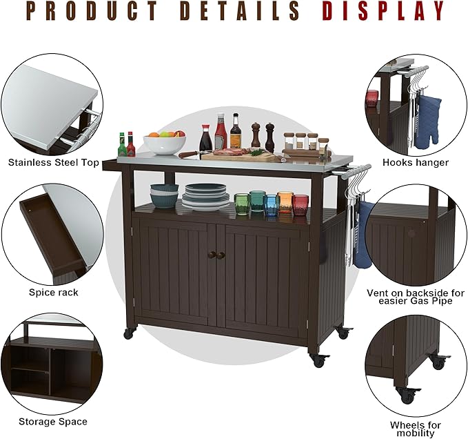 GDLF Outdoor Storage Cabinet Solid Wood Prep Grill Table with Stainless Steel Top Waterproof Cover Dark Brown