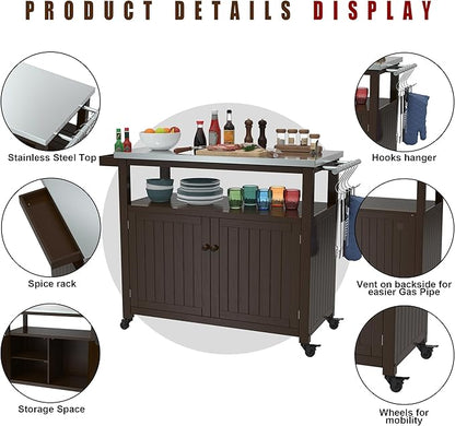 GDLF Outdoor Storage Cabinet Solid Wood Prep Grill Table with Stainless Steel Top Waterproof Cover Dark Brown
