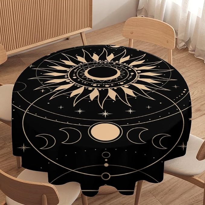 Vintage Tarot Moon Sun Round Tablecloth Moon Phase Star Galaxy Space Esoteric Astrology Table Cloth Water Resistant Wipeable Table Cover for Farmhouse Picnic Party Holiday Kitchen Dinner Table 60"