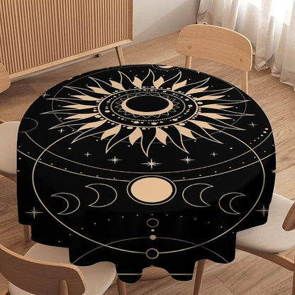 Vintage Tarot Moon Sun Round Tablecloth Moon Phase Star Galaxy Space Esoteric Astrology Table Cloth Water Resistant Wipeable Table Cover for Farmhouse Picnic Party Holiday Kitchen Dinner Table 60"