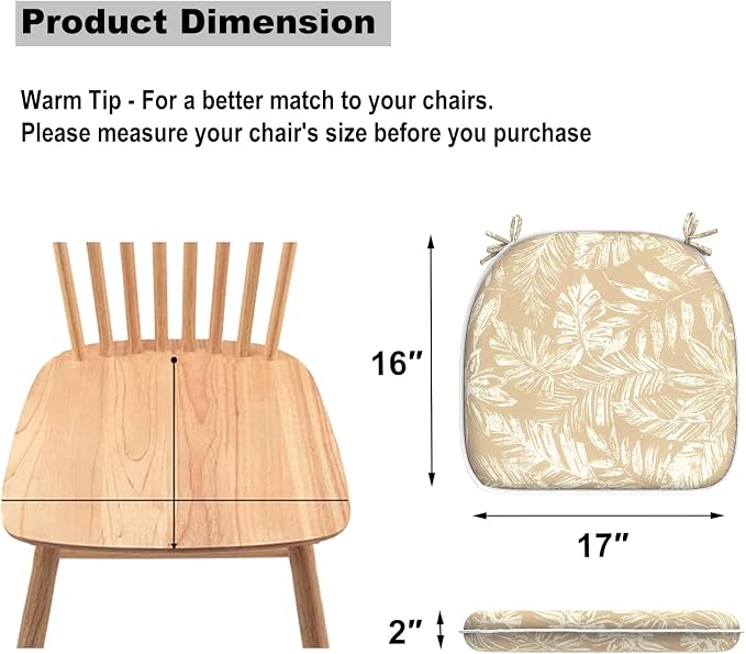 DYTXIII Set of 2 Outdoor Chair Cushions with Ties, Water Repellent Patio Chair Pads 17"x 16" for Outdoor Furniture, Round Corner Seat Cushions for Garden Yard Kitchen Tropical Leaf Oat