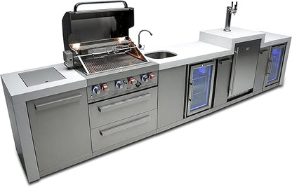 Mont Alpi 168"W Stainless Steel Deluxe Modular Outdoor Kitchen Island with Fridge Faucet & Sink Combo + 3 Tap Kegerator Beer Dispenser + 32"W 4-Burner BBQ Grill + Granite Countertops + Storage + Cover