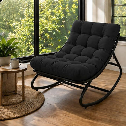 Garvee Papasan Rocking Chair, Thick Cushion, 450 lb Frame, Dark Gray | Gentle rocking motion and a roomy curved seat create a calm reading retreat for patios, balconies, bedrooms or living rooms.