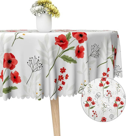 Red Poppy Round Tablecloths Spring Flowers Botanical Tablecloth Polyester for Party Dinner Decorative Circle Table Cloth Dust-Proof Table Cover for Home Restaurant Picnic Camping BBQ 60 Inch