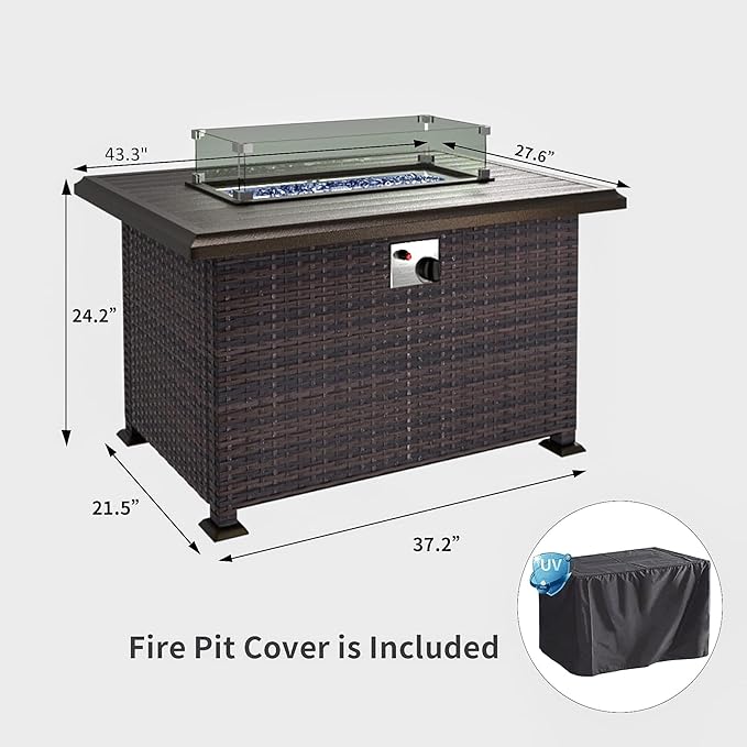 43" Propane Fire Pit Table 55,000 BTU, Gas Fire Pit with Glass Wind Guard and Metal Lid,CSA Certification Outdoor Fire Pit Auto-Ignition