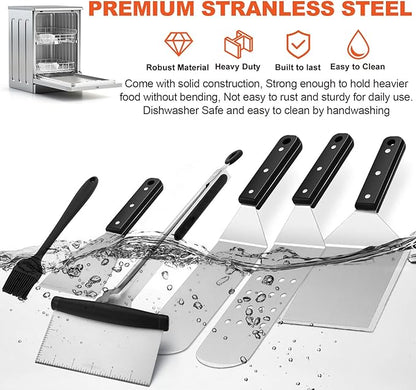 8Pcs Griddle Accessories Kit for Blackstone, Joyfair Flattop Grilling Accessory Tool Set with Stainless Steel Burger Spatula Turner, Metal Flipper, for Outdoor BBQ Teppanyaki Hibachi, (ABS Handles)