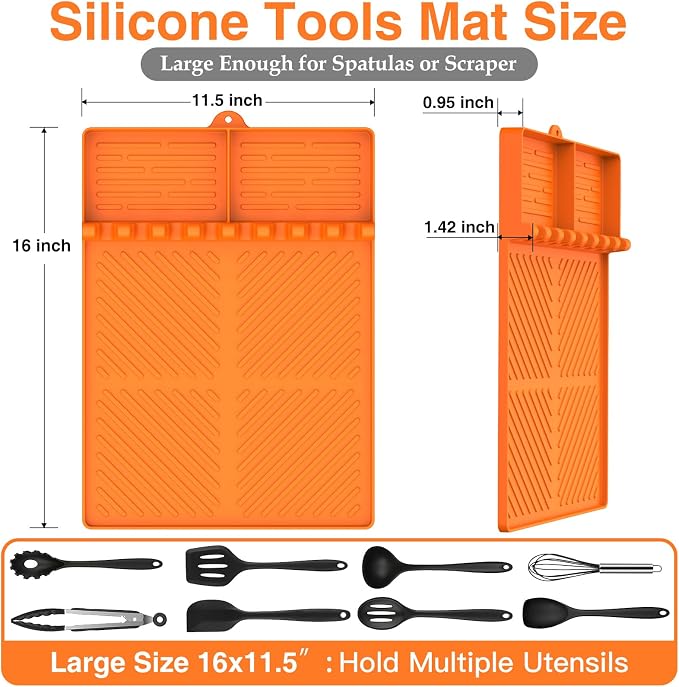 Silicone Griddle Tools Mat for Blackstone, Griddle Accessories Side Shelf Mat Grill Pad for Outdoor Grill Kitchen Counter Spatula Silicone Mat with Drip Pad (Orange (2Packs))