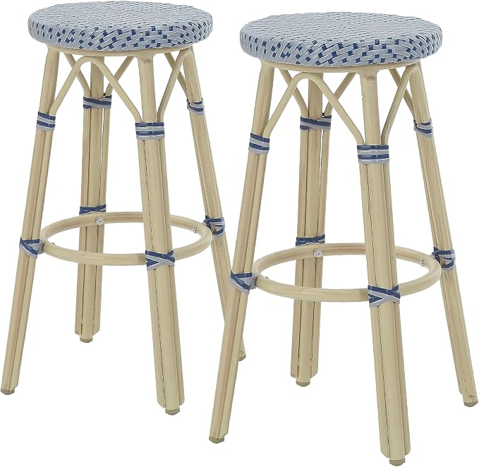 Seadrift Boho 30-inch Aluminum and All-Weather Wicker Barstools with Footrest, Patio Stools & Bar Chairs for Outdoor, Kitchen Counter, Poolside, Yard, Set of 2, Gray and Navy Blue