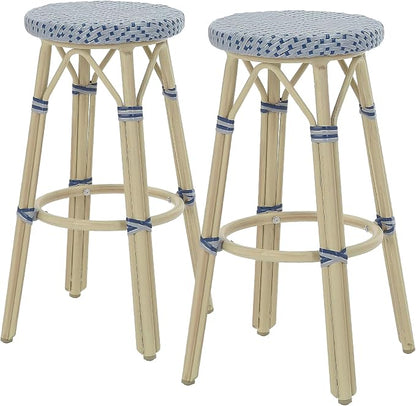 Seadrift Boho 30-inch Aluminum and All-Weather Wicker Barstools with Footrest, Patio Stools & Bar Chairs for Outdoor, Kitchen Counter, Poolside, Yard, Set of 2, Gray and Navy Blue