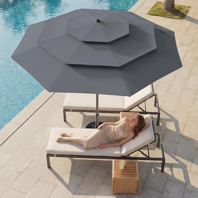 9FT 3-Tier Patio Umbrella, Vented Outdoor Market Table Umbrella | 5-year fade resistant commercial canopy with UPF50+ UV protection. Push button tilt & crank for pool, backyard, deck shade