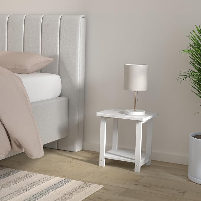 LUE BONA Outdoor Side Table, 2-Tier HDPS Small Patio Table, White | 2-Tier Shelf for Extra Storage, Small End Table for Pool, Porch, Balcony, Weather Resistant HDPS, Easy Clean