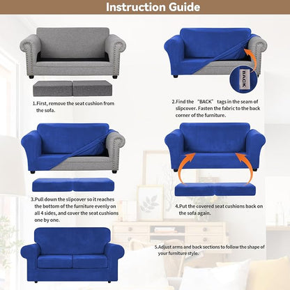 WEERRW Velvet Stretch 3 Pieces Couch Cover for Sofa Washable, Royal Blue | Love Seat Couch Covers for 2 Cushion Couch Sofa Furniture Protector slipcoves with Elastic Bottom for Kids, Medium
