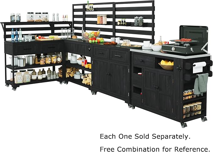 GDFStudio Elshire Patio Kitchen Island Cart with Storage, Wooden Outdoor Storage Cabinet with Stainless Steel BBQ Prep Table Top, Drawers, Raised Shelf and Lockable Wheels, Garden Potting Bench, Black