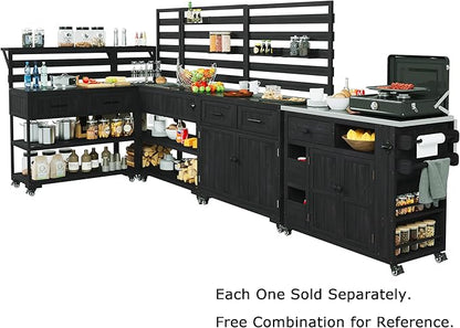 GDFStudio Elshire Patio Kitchen Island Cart with Storage, Wooden Outdoor Storage Cabinet with Stainless Steel BBQ Prep Table Top, Drawers, Raised Shelf and Lockable Wheels, Garden Potting Bench, Black