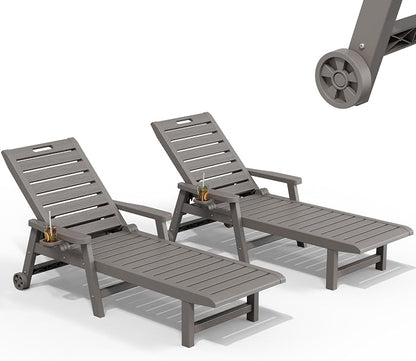 Outdoor Chaise Lounges, Patio Lounge Chair (Grey with Wheels, Set of 2) | Wood-Grain HDPE, 5-Position Recline, Lockable Wheels, Cup Holder, 450 lbs, Indoor/Outdoor