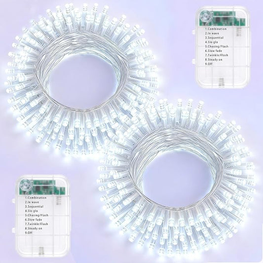 Pooqla 2 Pack String Lights Battery Operated, Total 66.6ft 200 LED Fairy Lights Indoor Outdoor Decorations, 8 Modes Cool White Battery Christmas Lights for Bedroom Classroom Porch Party Yard Decor