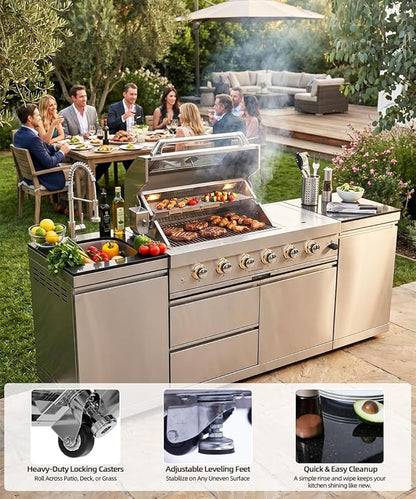 Outdoor Kitchen Island Barbecue Grill with Refrigerator & Rotisserie, Heavy-Duty Stainless Steel Freestanding Grills Station, Weather-Resistant Cooking Cabinet for Backyard & Summer Propane Gas