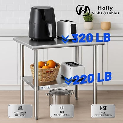 Hally Stainless Steel Table 14 x 30 Inches, NSF Commercial Prep Table | Space-saving, easy-clean surface for cafes and small kitchens; adjustable undershelf, leveling feet, compact food station.