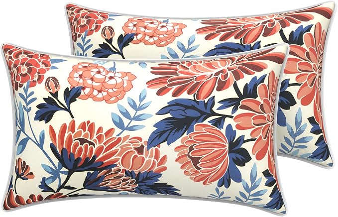 LVTXIII 2 Pack Outdoor Lumbar Pillow Covers 12x20 Inch with Piping, Water-Repellent Back Cushion Covers ONLY for Patio Furniture, Sofa, Garden Bench, Vibrant Blossom