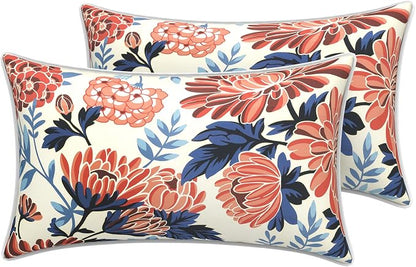 LVTXIII 2 Pack Outdoor Lumbar Pillow Covers 12x20 Inch with Piping, Water-Repellent Back Cushion Covers ONLY for Patio Furniture, Sofa, Garden Bench, Vibrant Blossom
