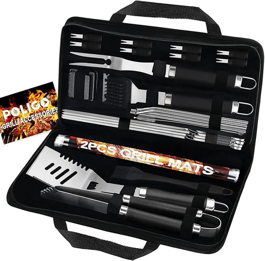 POLIGO 26 PCS Grill Set Backyard BBQ Grill Accessories Stainless Steel Grill Utensils Set with Bag for Fathers Day Birthday - Camping BBQ Tools Grilling Tools Set Ideal Grilling Gifts for Men Women