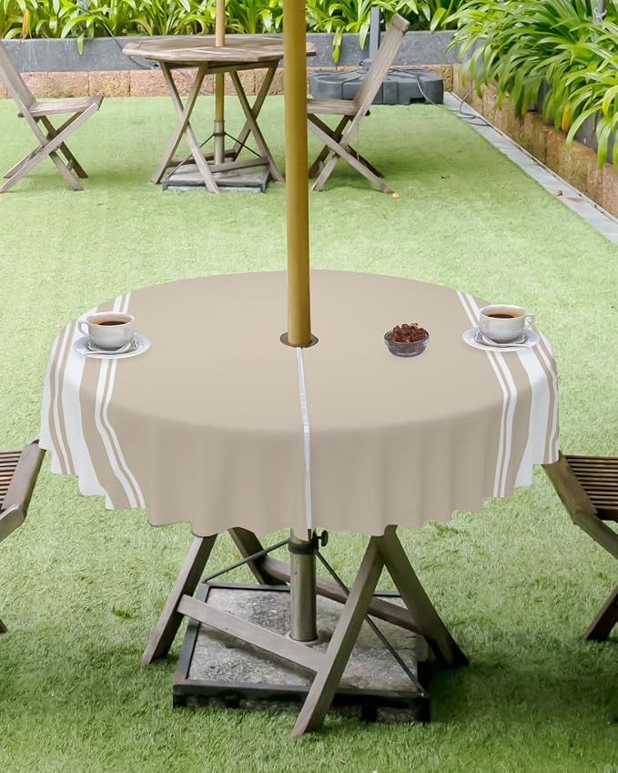 QueenKer Outdoor Tablecloth with Umbrella Hole, Khaki and White Stripe Round Tables Waterproof Tabletop Collection for Patio, Garden, Picnic, Camping, Dining 54R