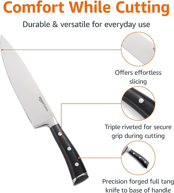 Amazon Basics Classic 8-inch Full Tang High Carbon Stainless Steel Chef's Knife, Multipurpose Kitchen Knife with Three Rivets, Silver (Pack of 12)
