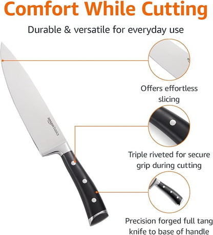 Amazon Basics Classic 8-inch Full Tang High Carbon Stainless Steel Chef's Knife, Multipurpose Kitchen Knife with Three Rivets, Silver (Pack of 12)
