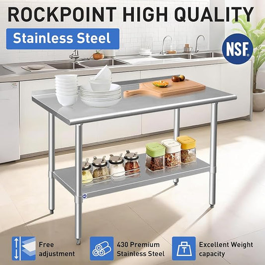 ROCKPOINT Stainless Steel Table for Prep & Work with Backsplash 18x36 Inches, NSF Metal Commercial Kitchen Heavy Duty Table with Adjustable Under Shelf and Table Foot for Restaurant, Home and Hotel