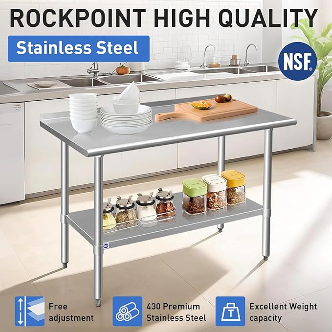 ROCKPOINT Stainless Steel Table for Prep & Work with Backsplash 24x30 Inches, NSF Metal Commercial Kitchen Heavy Duty Table with Adjustable Under Shelf and Table Foot for Restaurant, Home and Hotel