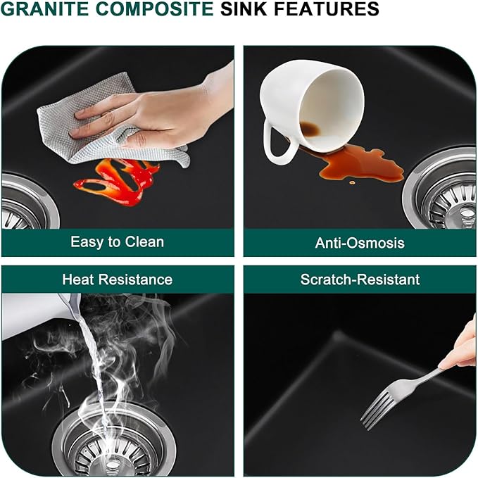 33 Inch Granite Composite Kitchen Sink - Matte Black Drop In Granite Kitchen Sink, Workstation Classic Quartz Top Mount Single Bowl Sinks Basin for Modern Kitchen, 33"x22" #TLGT-107