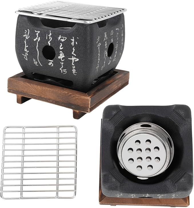 BBQ Grill, Mini Portable Japanese Charcoal Stove with Even Heat Distribution Compact 16.5x14.5cm for Camping Picnics Tailgate Parties Balcony Cookouts