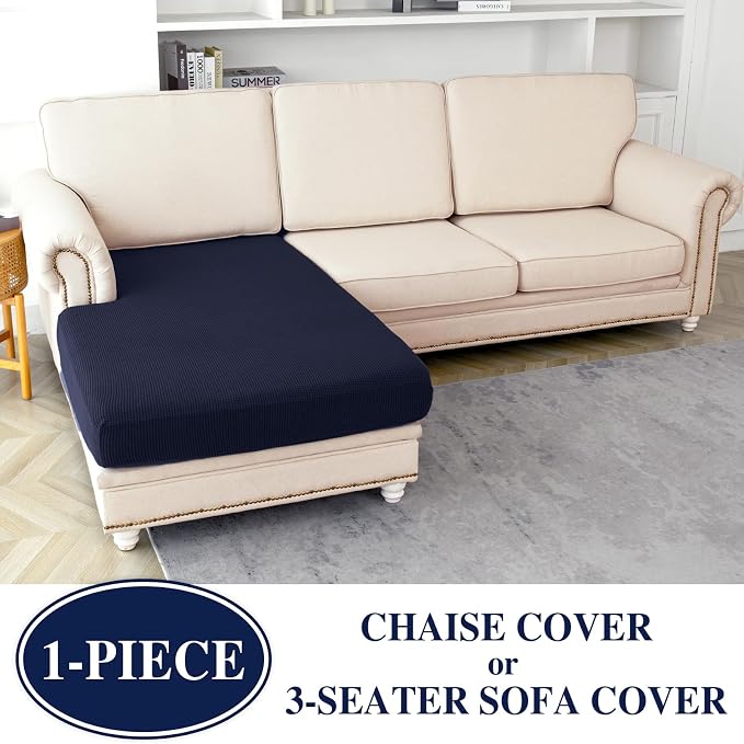 LA MEACK Couch Cushion Cover for Chaise Lounge & Sofa (Washable, Stretch, Separate Seat, 1 Piece for Chaise or Sofa 3-Seater, Navy)