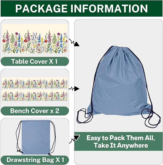 Picnic Table Cover with Bench Covers, Cottagecore Camper, 72 Inch | 3PCS Waterproof Fitted Tablecloth Elastic Edges Outdoor Camping Essentials with Drawstring Bag
